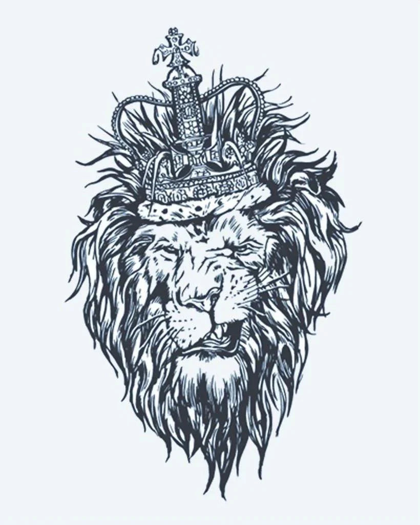 Design del tatuaggio semi-permanente Corona del Re Leone di INKON – illustrazione maestosa, leone, testa, indossa, reale, 4 x 7 in (10x17cm), disponibile su inkon.co