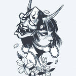 Design del tatuaggio semi-permanente Maschera Hannya e Geisha di INKON – illustrazione giapponese, hannya, demone, maschera, geisha, 4 x 7 in (10x17cm), disponibile su inkon.co