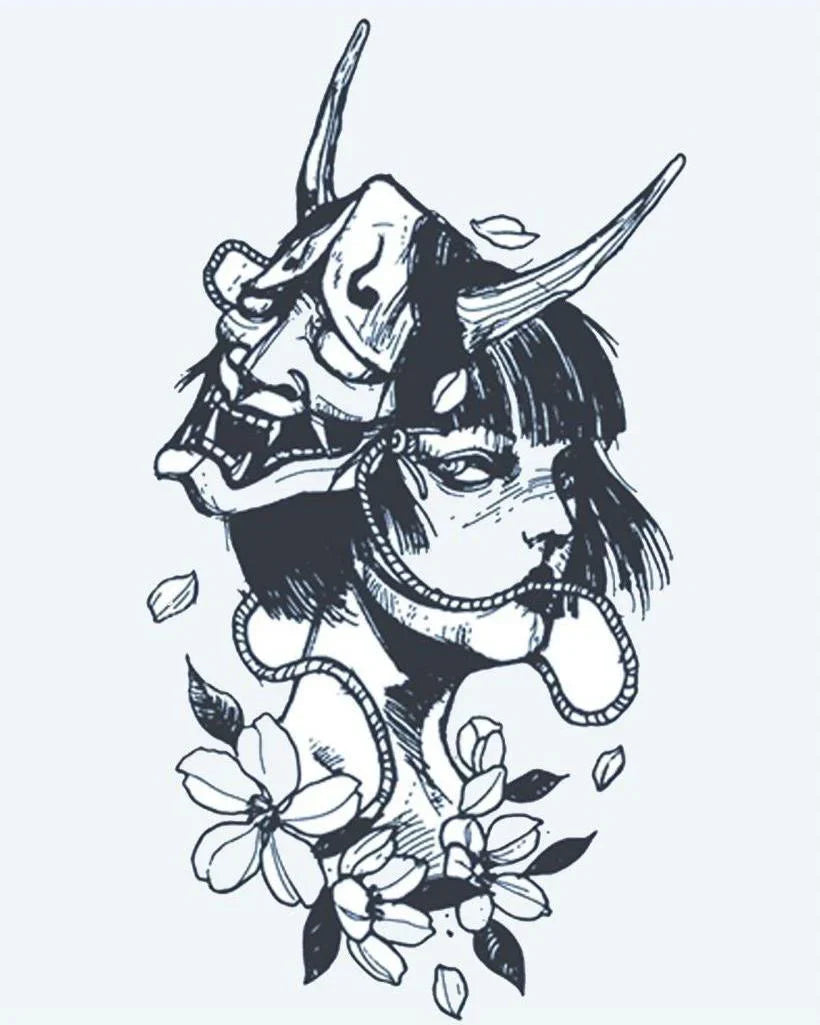 Design del tatuaggio semi-permanente Maschera Hannya e Geisha di INKON – illustrazione giapponese, hannya, demone, maschera, geisha, 4 x 7 in (10x17cm), disponibile su inkon.co
