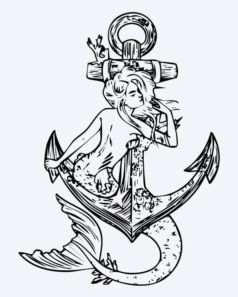 Design del tatuaggio semi-permanente Sirena e Ancora di INKON – illustrazione sirena, adagiata, sopra, nautica, ancora, 4 x 7 in (10x17cm), disponibile su inkon.co