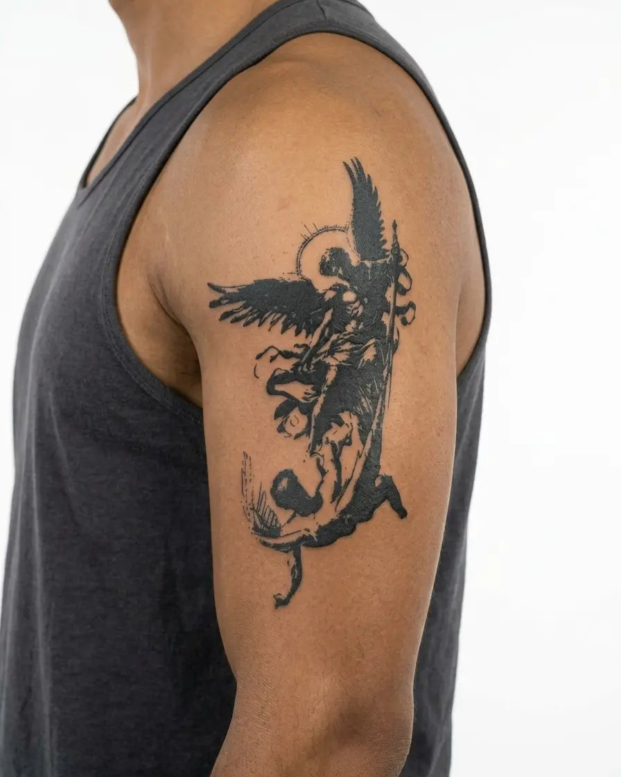 Tatuaggio semi-permanente INKON Fallen Angel Battle applicato su un uomo – design 4 x 8 in (11x21cm), aspetto realistico dell'inchiostro, dura 10 giorni