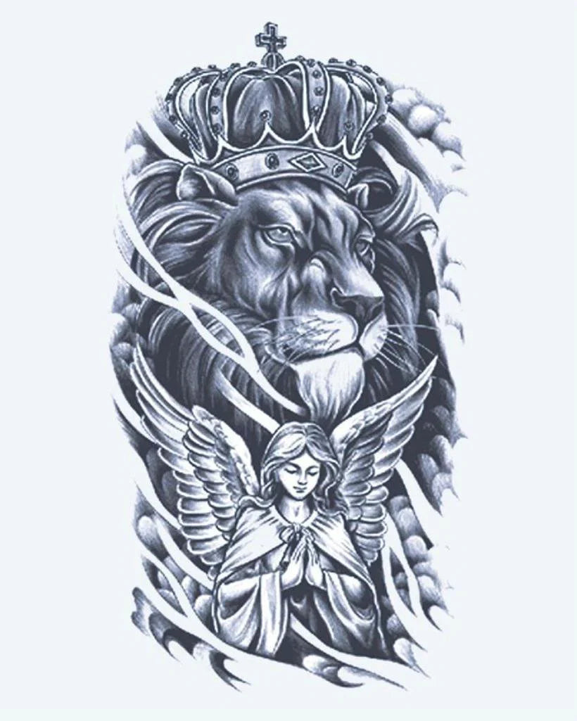 Design del tatuaggio semi-permanente Leone Coronato e Angelo di INKON – illustrazione maestoso, coronato, leone, sopra, in preghiera, 4 x 7 in (10x17cm), disponibile su inkon.co
