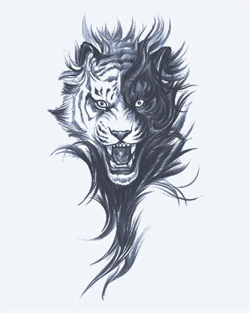 Design del tatuaggio semi-permanente Tigre Ruggente di INKON – illustrazione feroce, ruggente, tigre, testa, drammatico, 4 x 7 in (10x17cm), disponibile su inkon.co