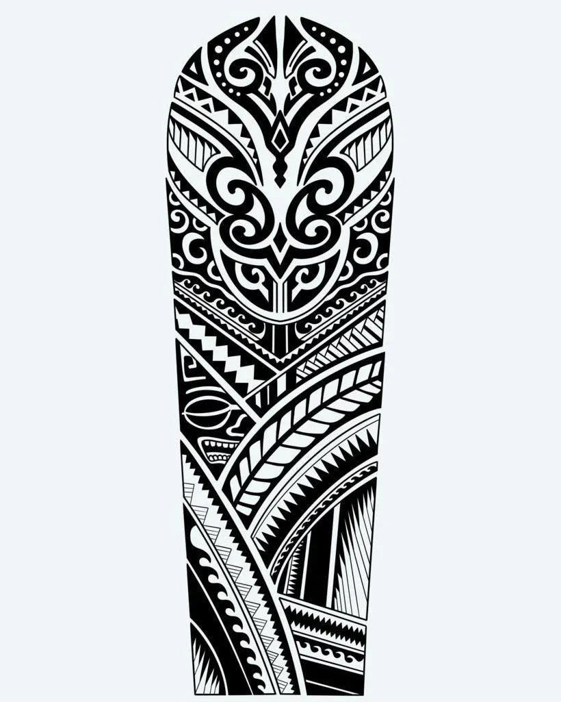 Design del tatuaggio semi-permanente Polynesian Bold Sleeve di INKON – illustrazione samoana ricca di motivi con bordi affilati, 8 x 20 in (20x50cm), disponibile su inkon.co