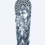 Design del tatuaggio semi-permanente Guardian Angel & Cathedral di INKON – illustrazione etereo, manica, intera, classica, statua, 8 x 20 in (20x50cm), disponibile su inkon.co