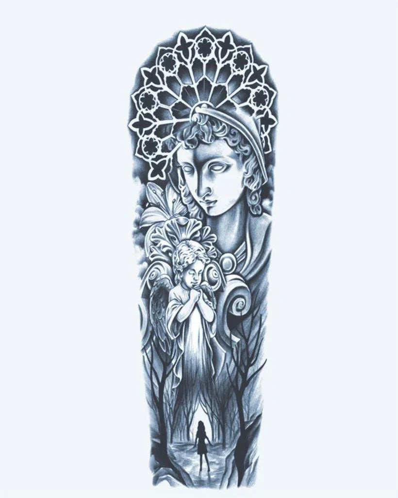 Design del tatuaggio semi-permanente Guardian Angel & Cathedral di INKON – illustrazione etereo, manica, intera, classica, statua, 8 x 20 in (20x50cm), disponibile su inkon.co