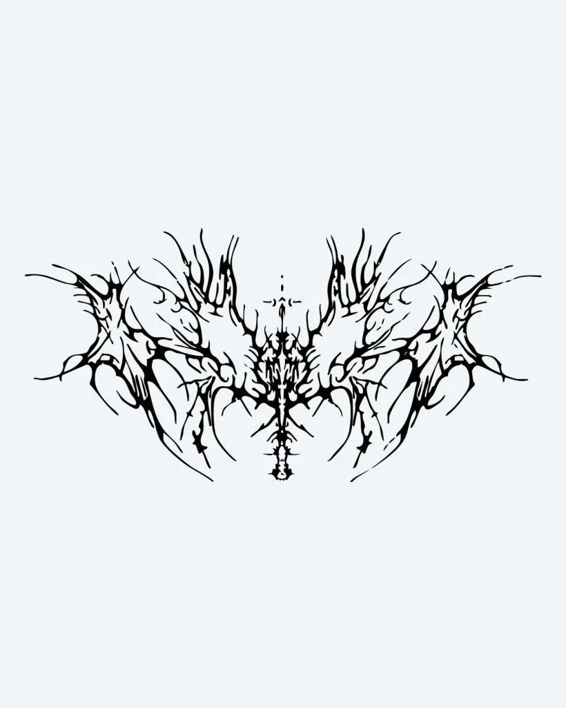 Design del tatuaggio semi-permanente Dark Thorns Spread di INKON – illustrazione simmetrico, astratto, spinoso, nette, organiche, 4 x 8 in (11x21cm), disponibile su inkon.co