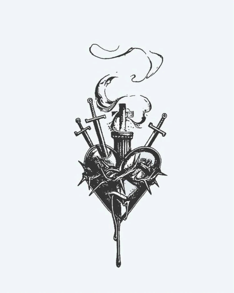 Design del tatuaggio semi-permanente Sacred Heart & Daggers di INKON – illustrazione dark, sacro, cuore, trafitto, pugnali, 3 x 4 in (6x11cm), disponibile su inkon.co