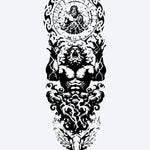 Design del tatuaggio semi-permanente Atlas & Zodiac di INKON – illustrazione muscolosa, atlante, figura, regge, cieli, 8 x 20 in (20x50cm), disponibile su inkon.co