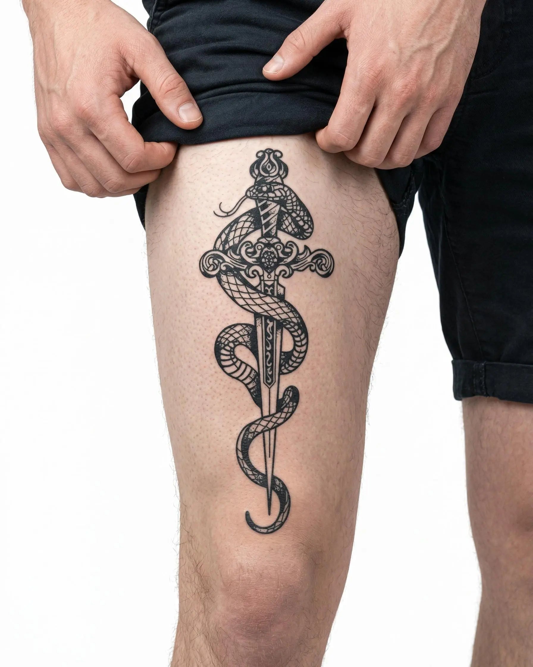 Tatuaggio semi-permanente INKON Snake & Ornate Dagger applicato su un uomo – design 4 x 8 in (11x21cm), aspetto realistico dell'inchiostro, dura 10 giorni