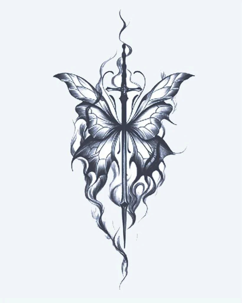 Design del tatuaggio semi-permanente Farfalla e Spada di INKON – illustrazione farfalla, ali, trafitta, lunga, spada, 4 x 7 in (10x17cm), disponibile su inkon.co