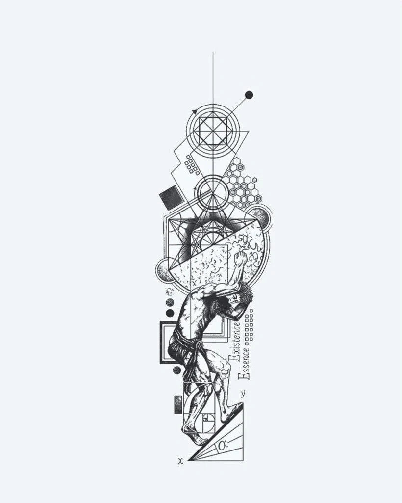 Design del tatuaggio semi-permanente Atlas & Sacred Geometry di INKON – illustrazione fonde, atlante, porta, mondo, sacra, 4 x 8 in (11x21cm), disponibile su inkon.co