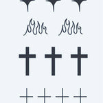 Design del tatuaggio semi-permanente Stars, Flames & Crosses di INKON – illustrazione minimalisti, foglio, quattro, punte, stelle, 3 x 4 in (6x11cm), disponibile su inkon.co