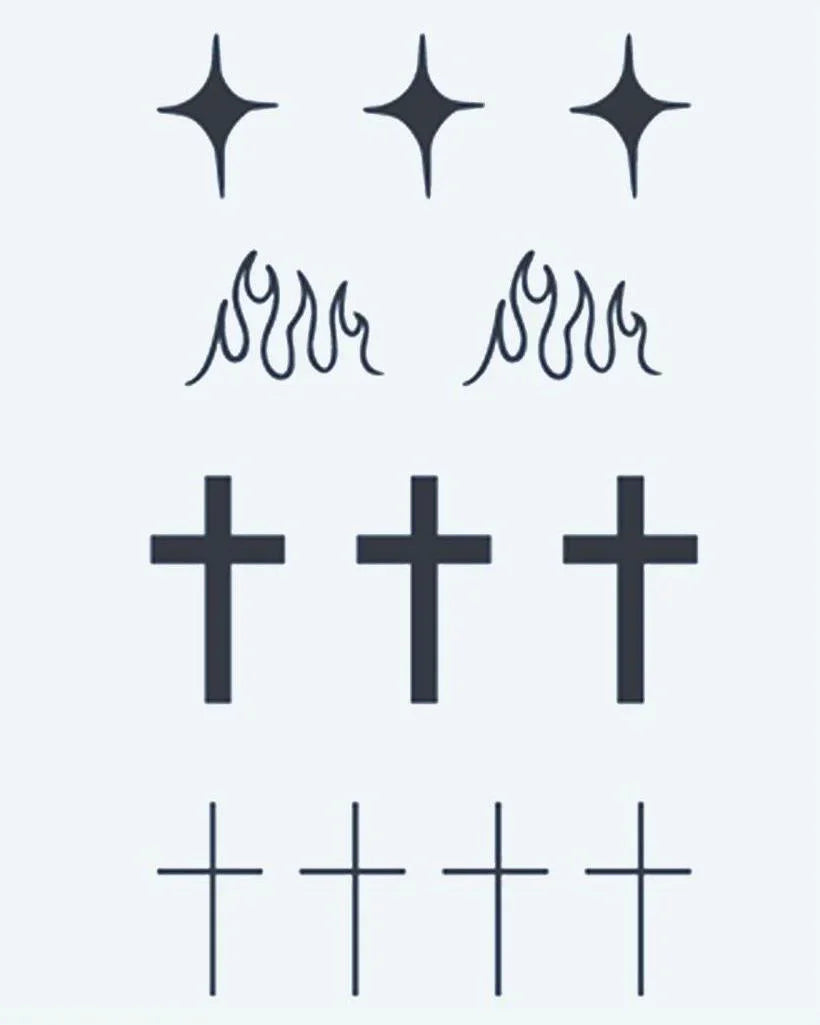Design del tatuaggio semi-permanente Stars, Flames & Crosses di INKON – illustrazione minimalisti, foglio, quattro, punte, stelle, 3 x 4 in (6x11cm), disponibile su inkon.co