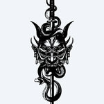 Design del tatuaggio semi-permanente Oni Mask & Serpent Dagger di INKON – illustrazione minaccioso, giapponese, demoniaca, maschera, corna, 4 x 8 in (11x21cm), disponibile su inkon.co