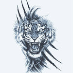 Design del tatuaggio semi-permanente Tigre Ruggente e Artigli di INKON – illustrazione ruggente, tigre, irrompe, attraverso, artiglio, 4 x 7 in (10x17cm), disponibile su inkon.co