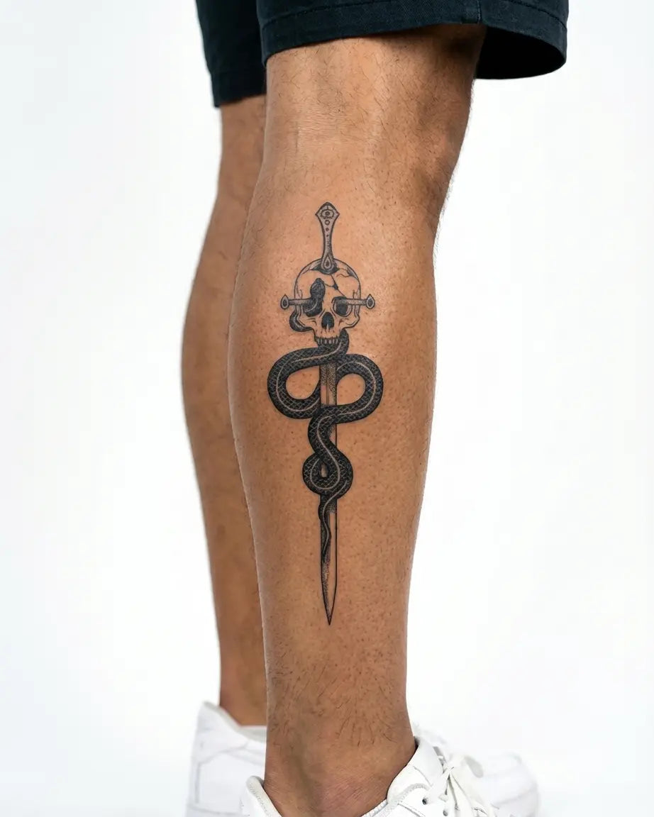 Tatuaggio semi-permanente INKON Serpent & Skull Dagger applicato su un uomo – design 4 x 7 in (10x17cm), aspetto realistico dell'inchiostro, dura 10 giorni