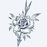 Design del tatuaggio semi-permanente Rose & Arrow di INKON – illustrazione fiore, peonia, rosa, trafitta, freccia, 3 x 4 in (7x10cm), disponibile su inkon.co