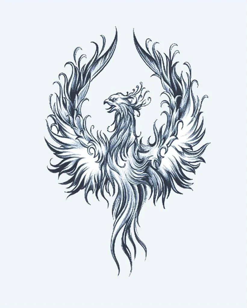 Design del tatuaggio semi-permanente Phoenix Rising 2 di INKON – illustrazione magnifico, fenice, spiegate, ali, fluenti, 4 x 8 in (11x21cm), disponibile su inkon.co