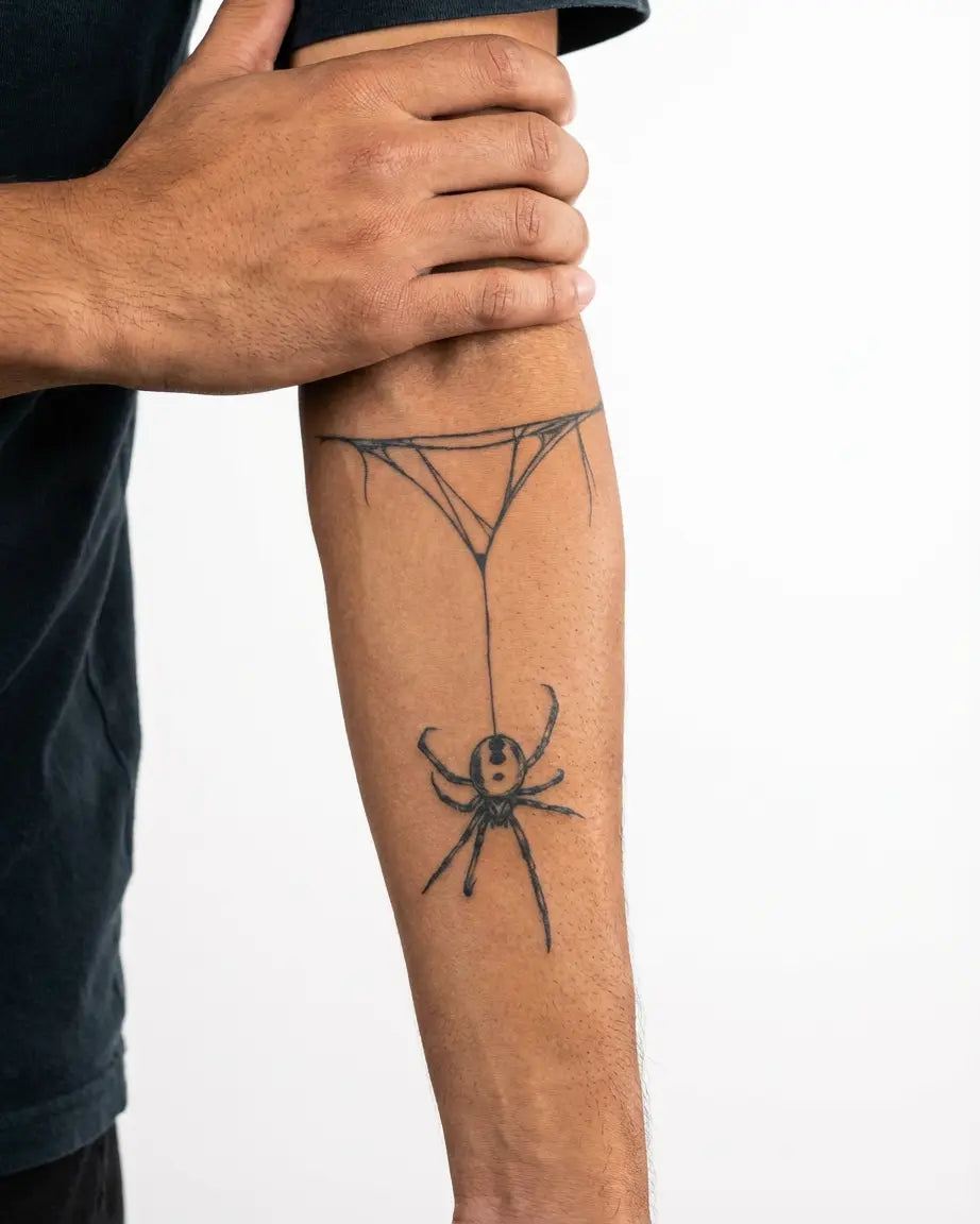 Tatuaggio semi-permanente INKON Venomous Spider Drop applicato su un uomo – design 4 x 7 in (10x17cm), aspetto realistico dell'inchiostro, dura 10 giorni