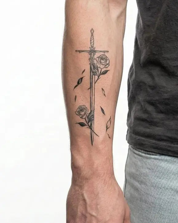 Tatuaggio semi-permanente INKON Spada e Rose applicato su un uomo – design 4 x 7 in (10x17cm), aspetto realistico dell'inchiostro, dura 10 giorni