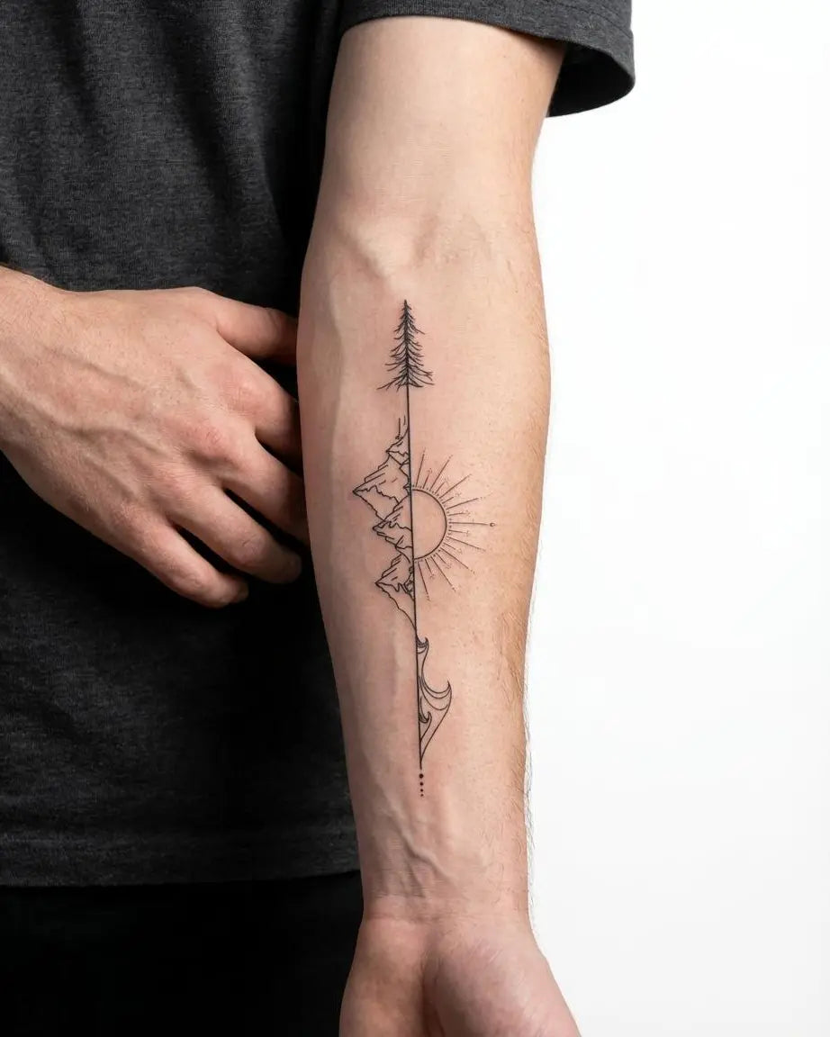 Tatuaggio semi-permanente INKON Freccia della Natura applicato su un uomo – design 4 x 7 in (10x17cm), aspetto realistico dell'inchiostro, dura 10 giorni