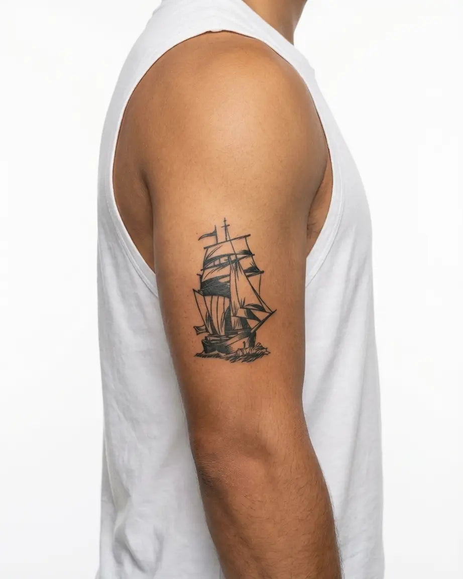 Tatuaggio semi-permanente INKON Veliero applicato su un uomo – design 4 x 7 in (10x17cm), aspetto realistico dell'inchiostro, dura 10 giorni
