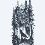 Design del tatuaggio semi-permanente Gufo della Foresta e Lupo di INKON – illustrazione cornuto, appollaiato, tra, pini, alberi, 4 x 7 in (10x17cm), disponibile su inkon.co
