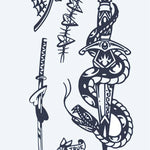 Design del tatuaggio semi-permanente Flash Sheet Serpente e Pugnale di INKON – illustrazione flash, sheet, serpente, attorcigliato, pugnale, 4 x 7 in (10x17cm), disponibile su inkon.co