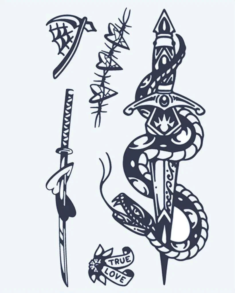 Design del tatuaggio semi-permanente Flash Sheet Serpente e Pugnale di INKON – illustrazione flash, sheet, serpente, attorcigliato, pugnale, 4 x 7 in (10x17cm), disponibile su inkon.co