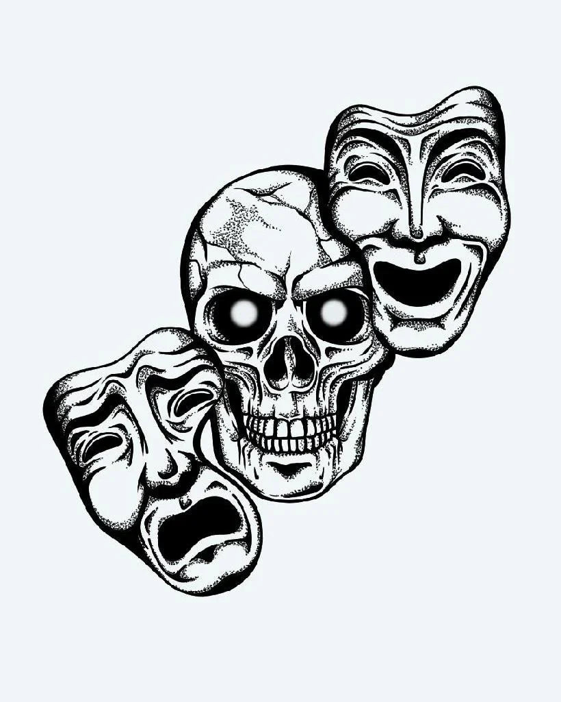 Design del tatuaggio semi-permanente Skull & Drama Masks di INKON – illustrazione a puntinato di teschio chicano con maschere teatrali, 4 x 7 in (10x17cm), disponibile su inkon.co