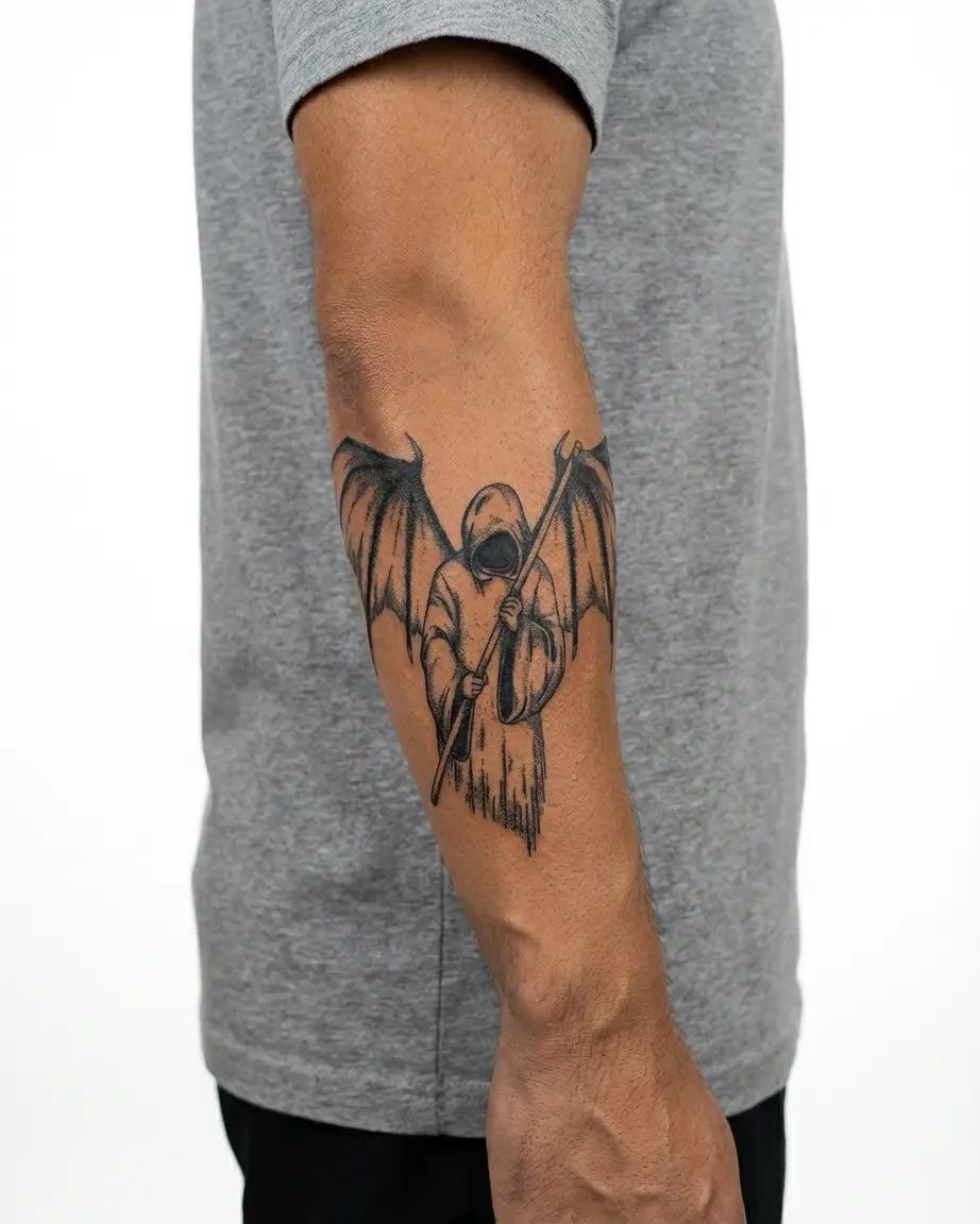 Tatuaggio semi-permanente INKON Winged Reaper applicato su un uomo – design 4 x 7 in (10x17cm), aspetto realistico dell'inchiostro, dura 10 giorni