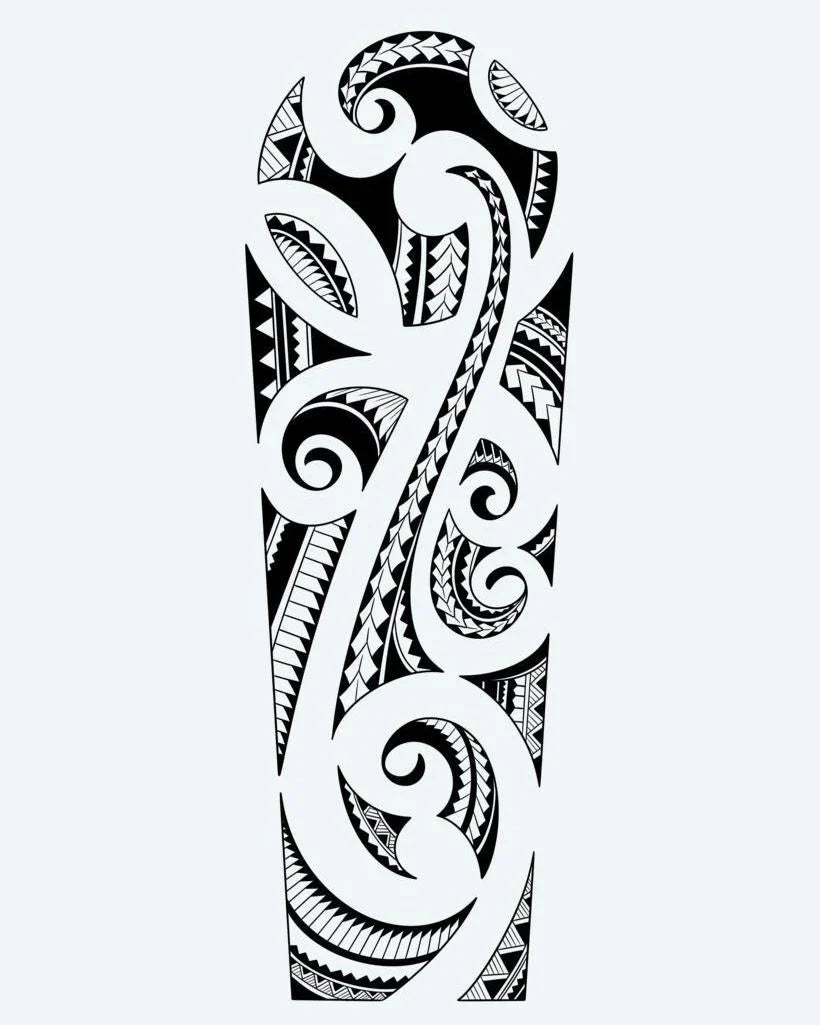 Design del tatuaggio semi-permanente Maori Spiral Sleeve di INKON – illustrazione autentica maori con spirali koru, 8 x 20 in (20x50cm), disponibile su inkon.co