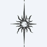 Design del tatuaggio semi-permanente Sun & Moon Compass di INKON – illustrazione falce, luna, fusione, appuntiti, bussola, 3 x 4 in (6x11cm), disponibile su inkon.co