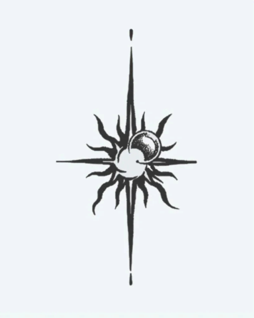 Design del tatuaggio semi-permanente Sun & Moon Compass di INKON – illustrazione falce, luna, fusione, appuntiti, bussola, 3 x 4 in (6x11cm), disponibile su inkon.co