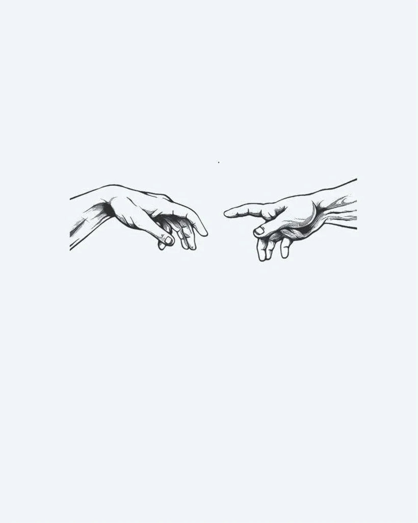 Design del tatuaggio semi-permanente Creation Hands di INKON – illustrazione linea, sottile, michelangelo, creazione, adamo, 3 x 4 in (6x11cm), disponibile su inkon.co