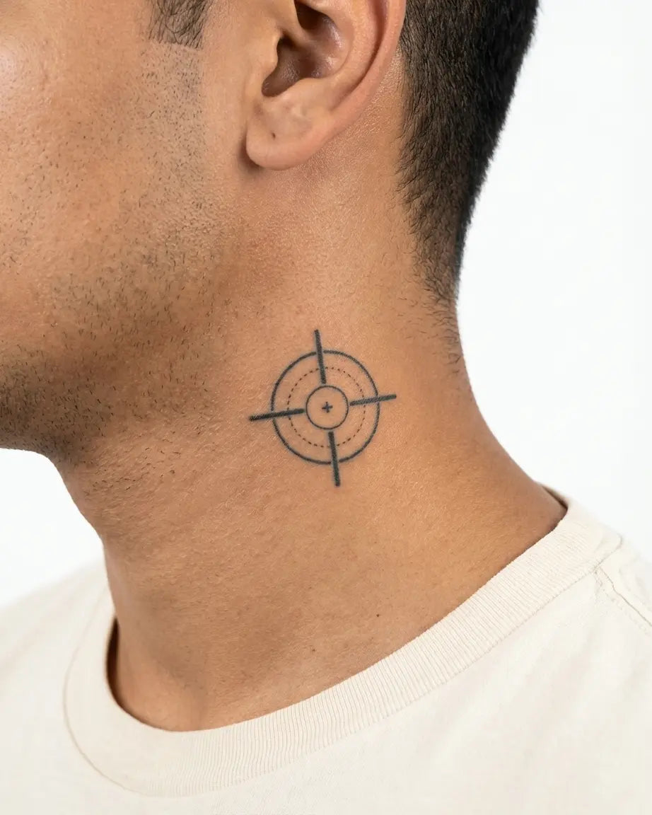Tatuaggio semi-permanente INKON Tactical Crosshair applicato su un uomo – design 2 x 2 in (5x5cm), aspetto realistico dell'inchiostro, dura 10 giorni
