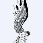 Design del tatuaggio semi-permanente Fallen Angel di INKON – illustrazione a puntinato di angelo caduto inginocchiato con ali, 4 x 8 in (11x21cm), disponibile su inkon.co
