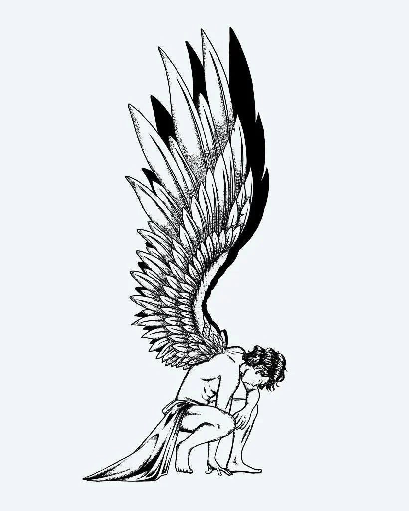 Design del tatuaggio semi-permanente Fallen Angel di INKON – illustrazione a puntinato di angelo caduto inginocchiato con ali, 4 x 8 in (11x21cm), disponibile su inkon.co