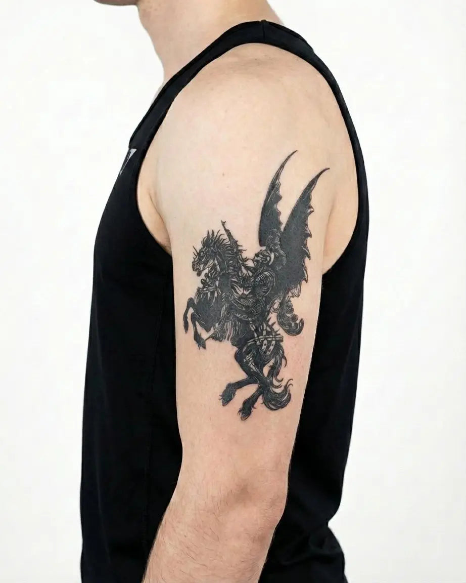 Tatuaggio semi-permanente INKON Dragon Rider applicato su un uomo – design 4 x 8 in (11x21cm), aspetto realistico dell'inchiostro, dura 10 giorni
