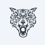 Design del tatuaggio semi-permanente Tribal Wolf di INKON – illustrazione ringhiante, lupo, muso, tribale, nette, 3 x 4 in (7x10cm), disponibile su inkon.co